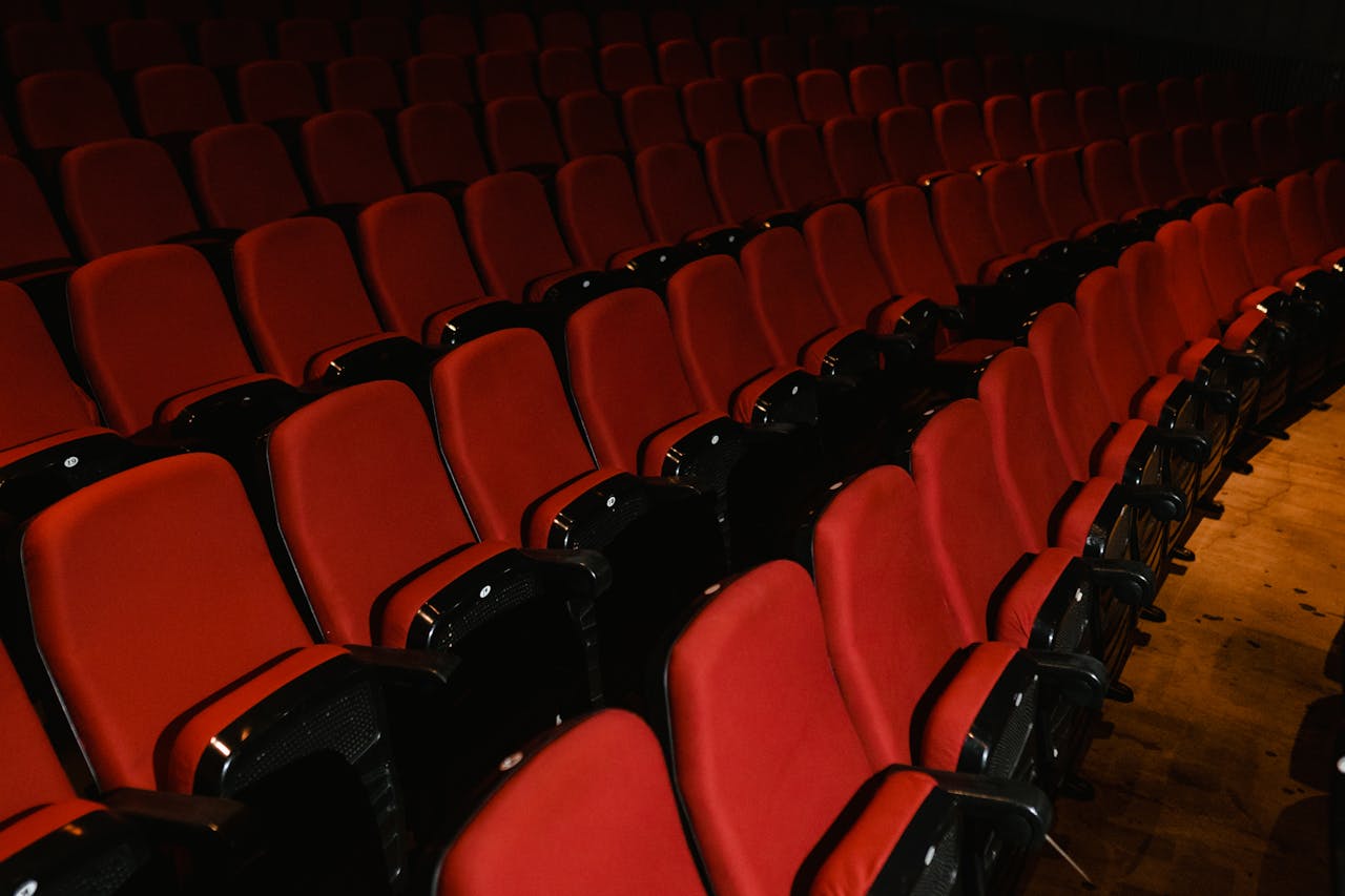 Rows of empty red seats in a dimly lit theater auditorium with wooden floors.