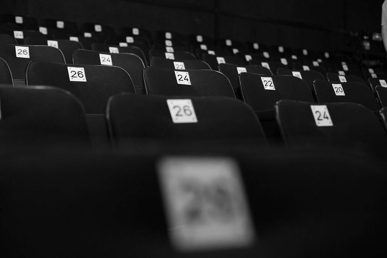 Monochrome image of numbered empty seats in a theater, creating a sense of solitude.